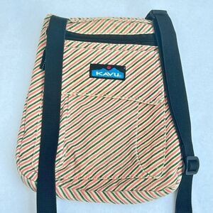 KAVU Crossbody Shoulder Bag Keeper Adjustable Canvas Bag Red Tan Stripes